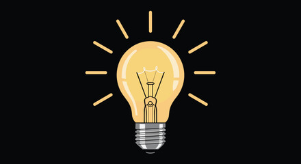 Glowing yellow light bulb illustration on a black background representing an idea, inspiration, creativity, or electrical energy.
