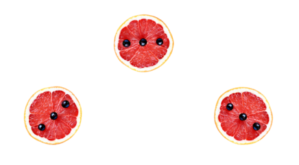 three grapefruit slices with blueberries arranged in a triangle on a transparent background, symbolizing a healthy breakfast or snack.