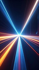 Dynamic light trails converge toward a bright point in a tunnel