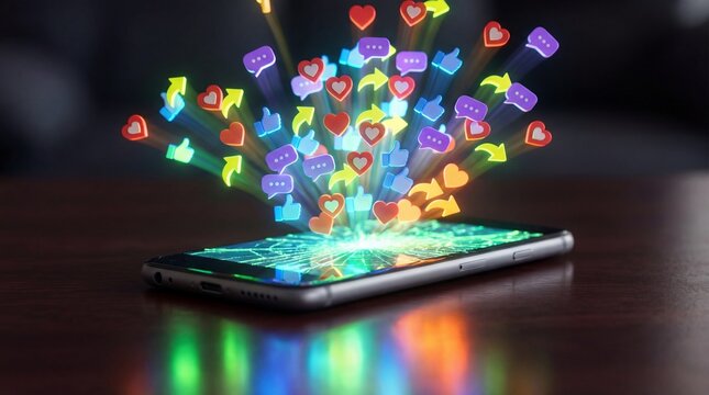 Smartphone digital interface social media symbols concept visualization - Powered by Adobe