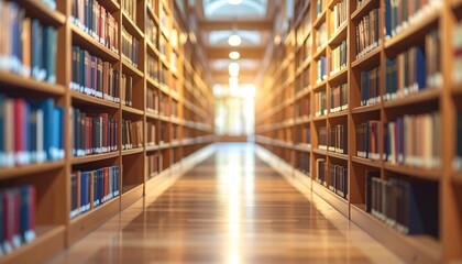 Fototapeta premium Library aisle with towering bookshelves and bright light at end.