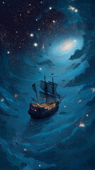 Fototapeta premium Majestic pirate ship sails through a dark and starry celestial ocean of clouds
