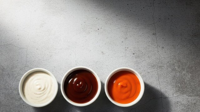 An assortment of dipping sauces in white bowls on a gray textured background. Top view of mayonnaise, barbecue, and spicy condiments. Flat lay with copy space for text
