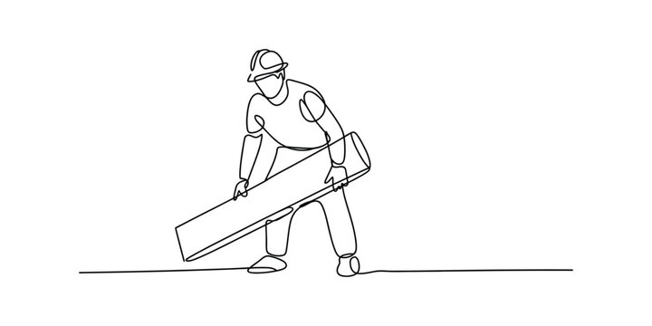 Continuous one line drawing of a construction worker carrying a long wooden plank.