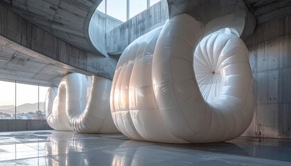 Large, white inflatable art installation inside a modern concrete structure