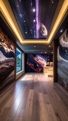 Luxurious hallway with space-themed ceiling and walls, wooden floor