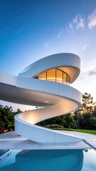 Modern white home with a spiral staircase overlooking a pool