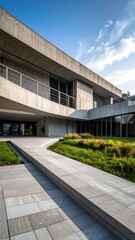 Modern concrete building with a landscaped courtyard under a blue sky