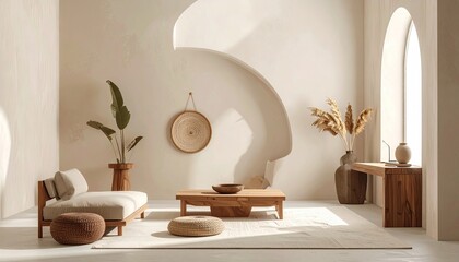 Bright, minimalist living space with natural textures and light