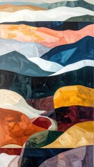 Vertical abstract landscape, geometric shapes, vibrant colors, textured