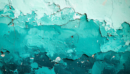 Distressed turquoise to teal gradient wall, peeling stucco, visible cracks, rough aged cement texture