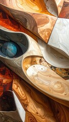 Abstract close-up of a wooden-like face and blue sphere