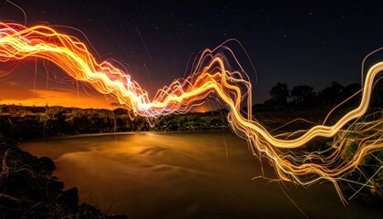 Long exposure shot with light trails over water and a dark, starry sky