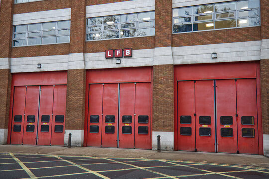 
Sign and building of the London Fire Brigade (LFB), the fire and rescue service for London, the capital of the United Kingdom.