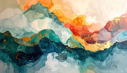Abstract landscape of layered mountains in warm and cool watercolor hues
