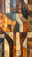 Intricate wooden mosaic with curved and rectangular pieces