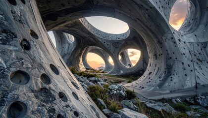 Organic, futuristic concrete structures frame a sunset landscape