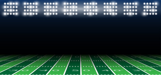 Football field illuminated with lights and copy space on dark background. Vector illustration