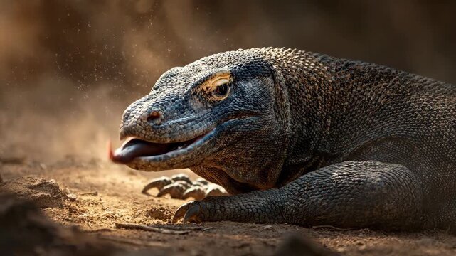 Close-Up of a Komodo Dragon Resting on the Ground in Natural Habitat for World Wildlife Day Conservation Campaign