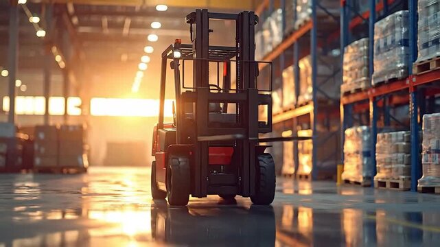 Forklift truck in a large warehouse, ready for transporting goods and materials.