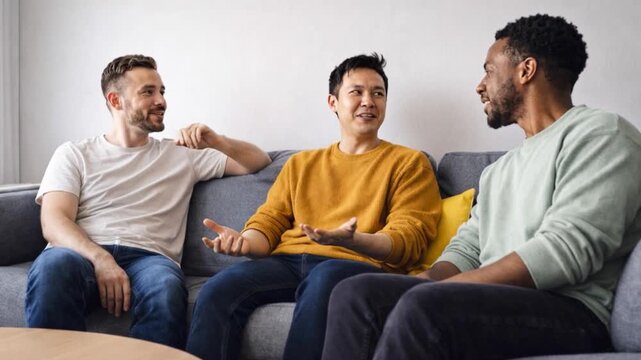 Diverse male friends lounging on couch laughing and discussing.

