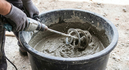 Fototapeta premium Person mixing cement for home maintenance in bucket