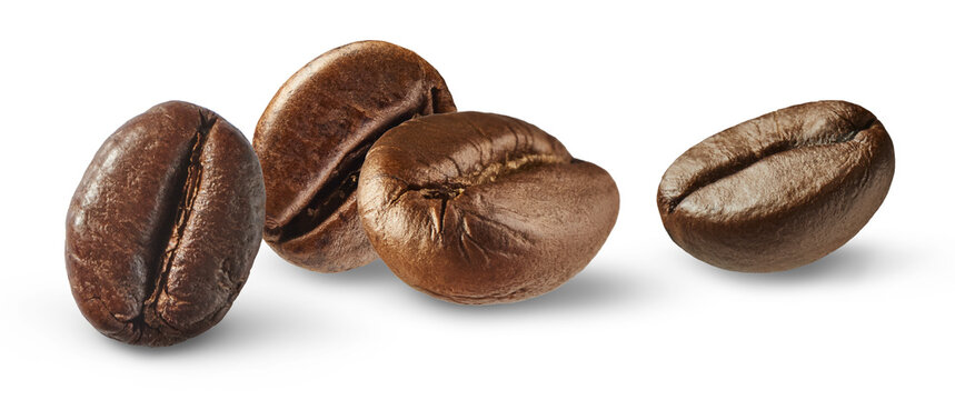 Set of roasted coffee beans isolated on white background. Soluble and grain caffeine ingredients.