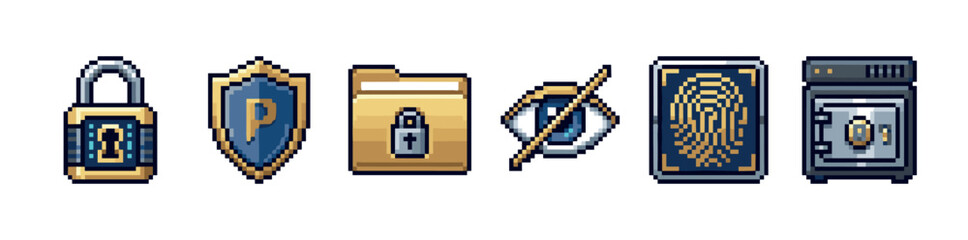 Obraz premium Six pixel art security and privacy icons featuring a padlock, shield, locked folder, hidden eye, fingerprint scanner, and a safe, rendered in a retro 8-bit video game style