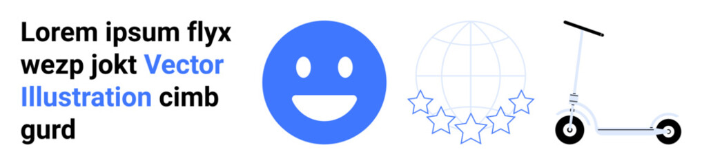 Fototapeta premium User experience, global services, mobility solutions, customer satisfaction, online ratings, environmental innovation. Blue happy face, globe with stars scooter. User experience and global services