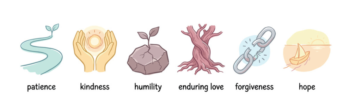 Set of six hand-drawn icons representing virtues like patience, kindness, humility, enduring love, forgiveness, and hope in a soft, pastel-colored illustrative style