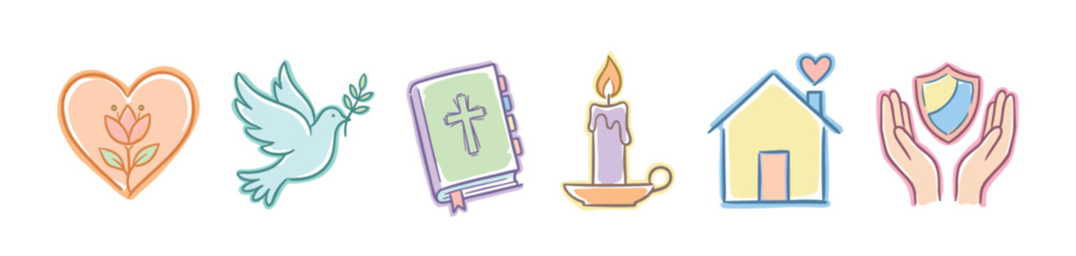 Set of hand-drawn Christian icons representing faith, hope, love, and peace, including a heart, dove, bible, candle, house, and shield in a cute pastel illustration style