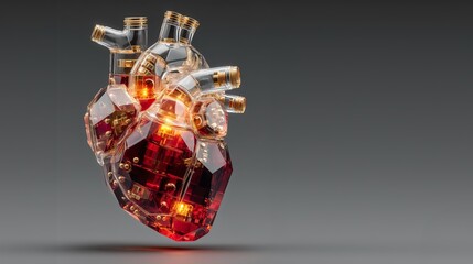 Futuristic Mechanical Anatomical Heart with Glass and Gold Parts, 3D Sci-Fi Medical Technology Concept Illustration