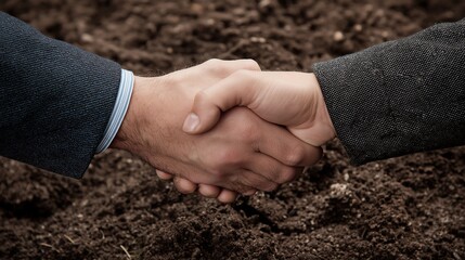 Handshake over bare earth, symbolizing business agreement, partnership, land deal, or development project