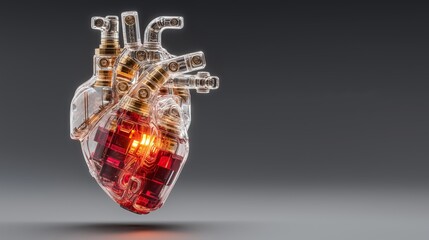 Futuristic Mechanical Anatomical Heart with Glass and Metal Parts, 3D Sci-Fi Medical Technology Concept Illustration