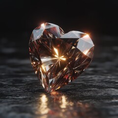 Luxury Champagne Gold Heart Shaped Diamond Gemstone with Glowing Sparkles on Dark Textured Ground for Valentines Day and Jewelry Concept
