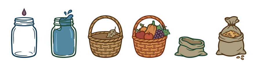 Fototapeta premium Set of hand-drawn illustrations showing empty and full containers like jars, baskets, and sacks in a before and after comparison of scarcity and abundance