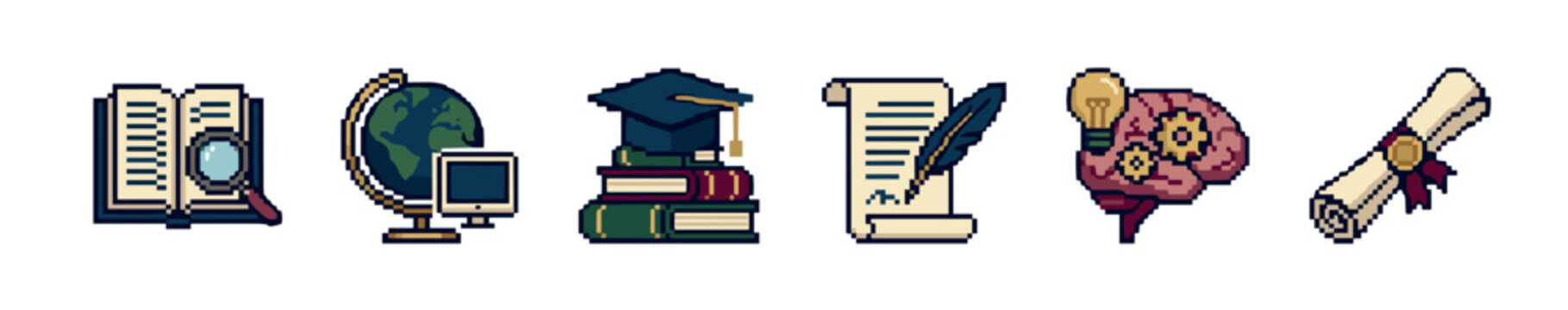 Set of pixel art education icons featuring a book, globe, graduation cap, scroll, brain, and diploma in a retro 8-bit video game style representing knowledge and learning
