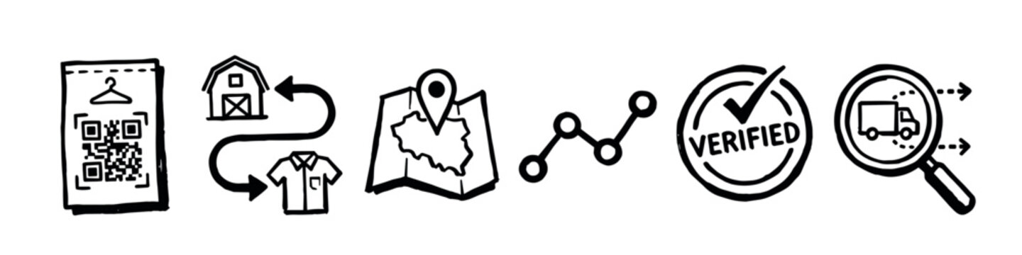 Hand-drawn black and white icons illustrating a product supply chain journey, showing traceability from QR code scanning and farm origin to map tracking, verification, and logistics