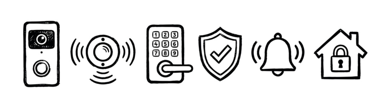 Hand drawn home security system icons featuring a video doorbell, smart lock, alarm bell, and protection shield in a simple black and white doodle sketch style illustration