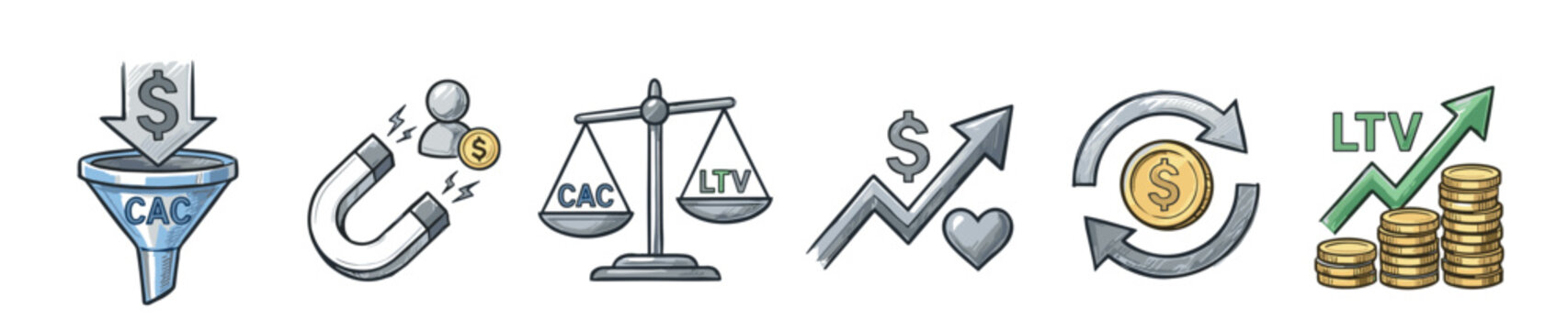 Set of hand-drawn business marketing icons illustrating customer acquisition cost, lifetime value, lead generation, and financial growth concepts in a sketch style