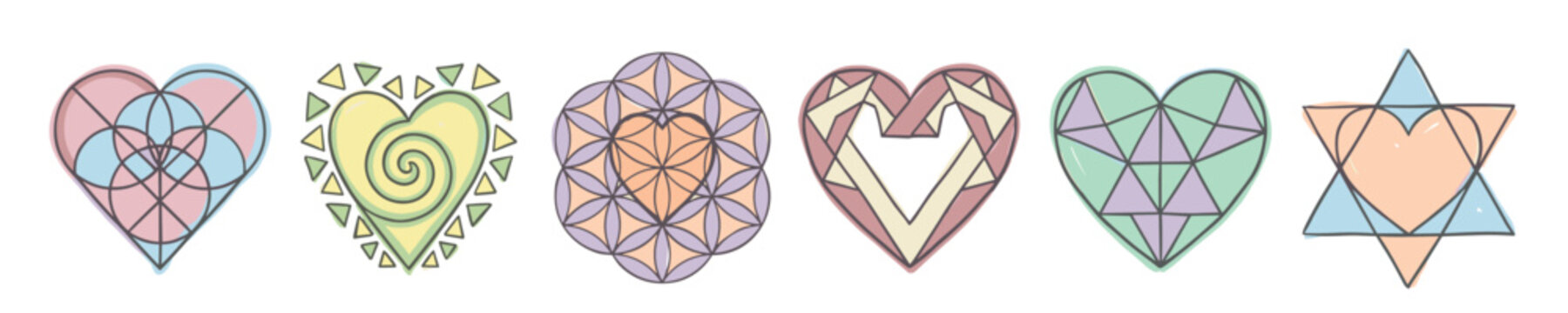 Set of six stylized hearts with geometric and spiritual patterns in a hand-drawn pastel watercolor style, featuring sacred geometry symbols like the flower of life and vesica piscis