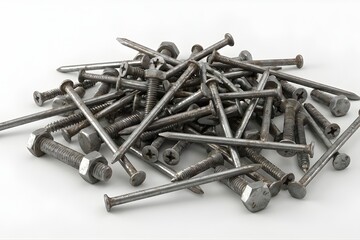 Heap of Metal Nails Screws and Bolts Isolated on White Background