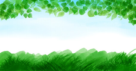 Hand Drawn Green Leaves Background with Soft Watercolor Texture