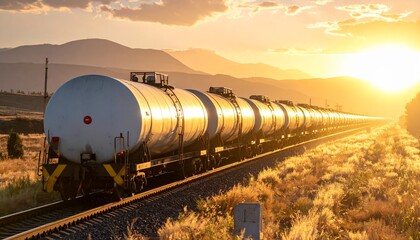 An industrial oil tanker and freight train travel along the railroad track under a sunset sky, transporting cargo through the urban landscape