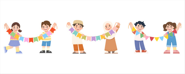 Illustration  set of children decorating bunting flags