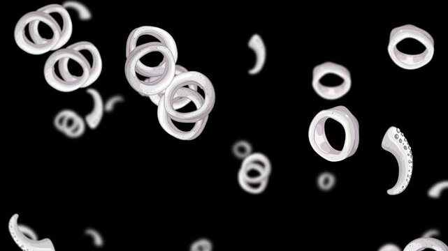 White Octopus Tentacle Rings Falling on Black Background