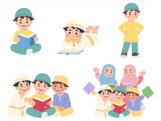 Illustration set of Muslim children reading books
