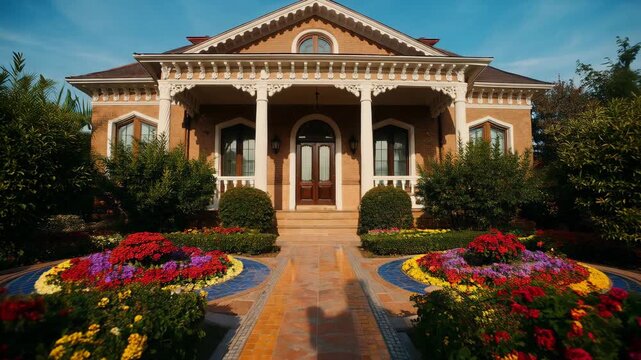 Beautiful large house with colorful flowers and garden pathway leading to front door exterior
