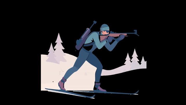 Biathlete skiing and aiming rifle in winter landscape