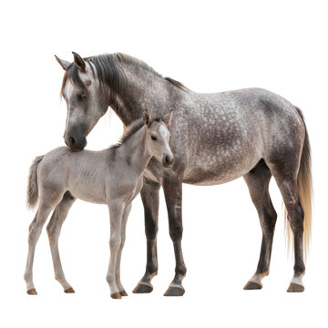 Elegant adult horse and adorable foal in natural pasture showcasing grace, beauty, and majestic presence in a peaceful outdoor rural setting